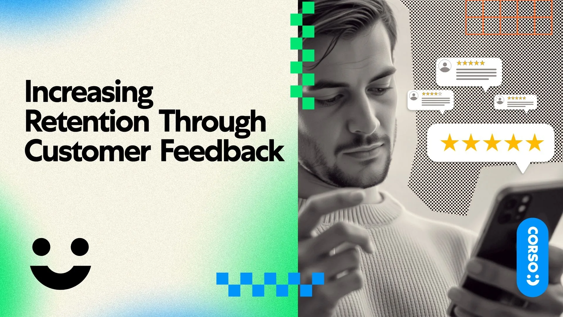 A graphic design with an image of a man on his phone holding a text bubble that says "COMO" and a speech bubble with the word