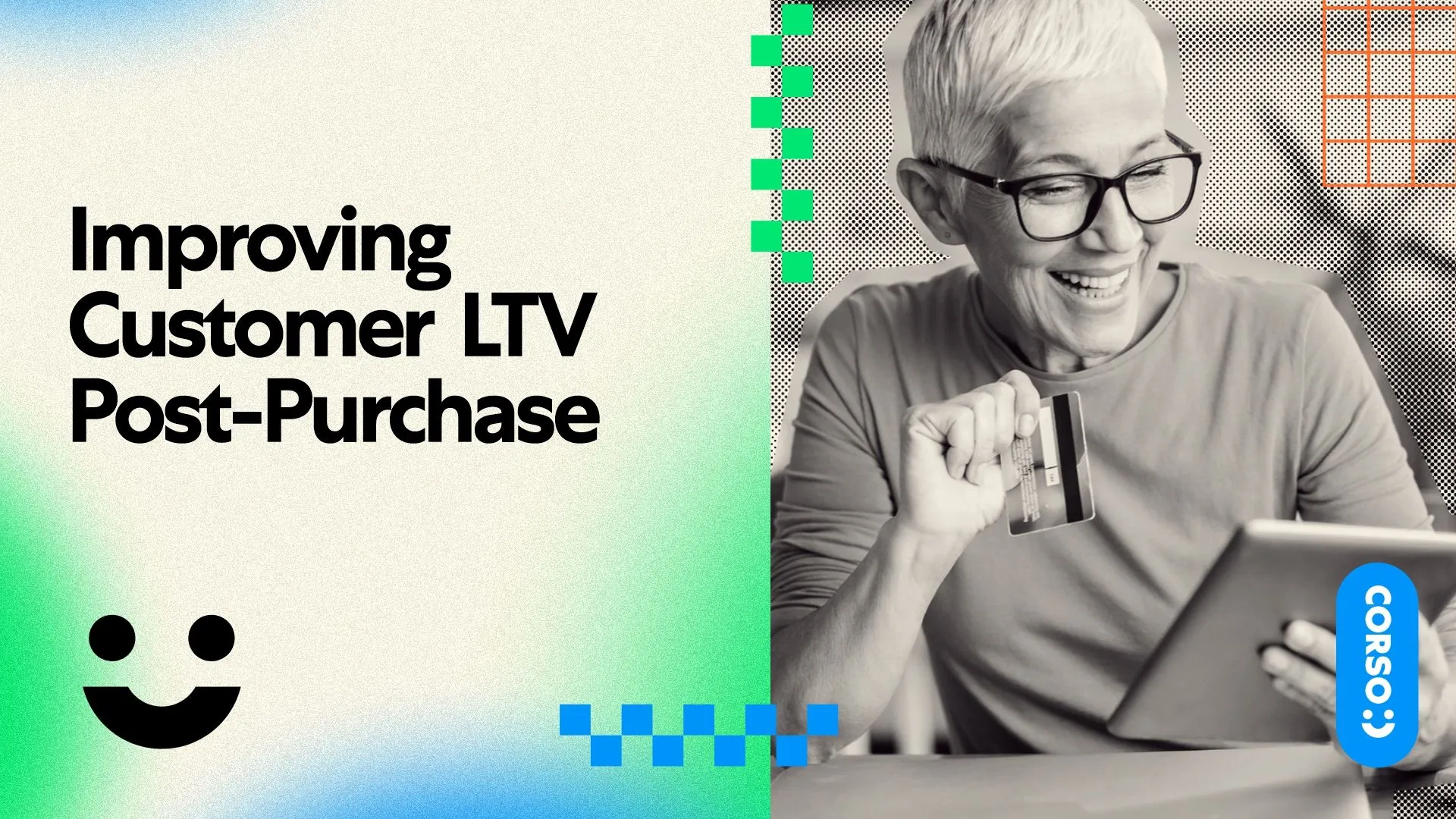 The image shows a man looking at an iPad with text overlaid that reads "Improving customer LTV post-purchase" and the words "