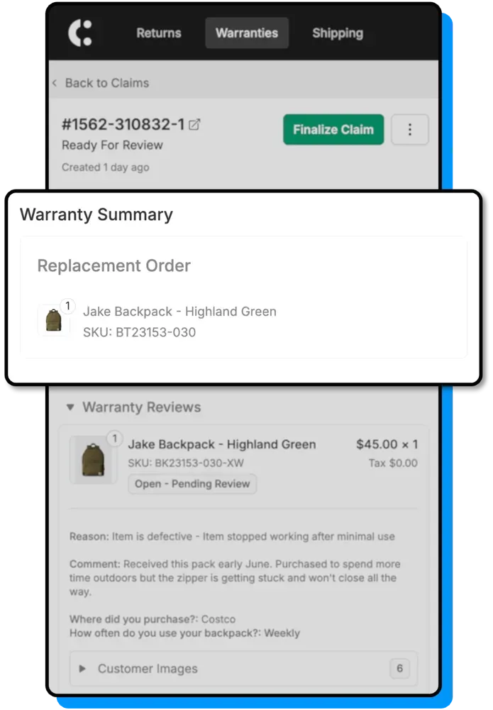 Product warranty repair or replacement page screenshot from online store's app.