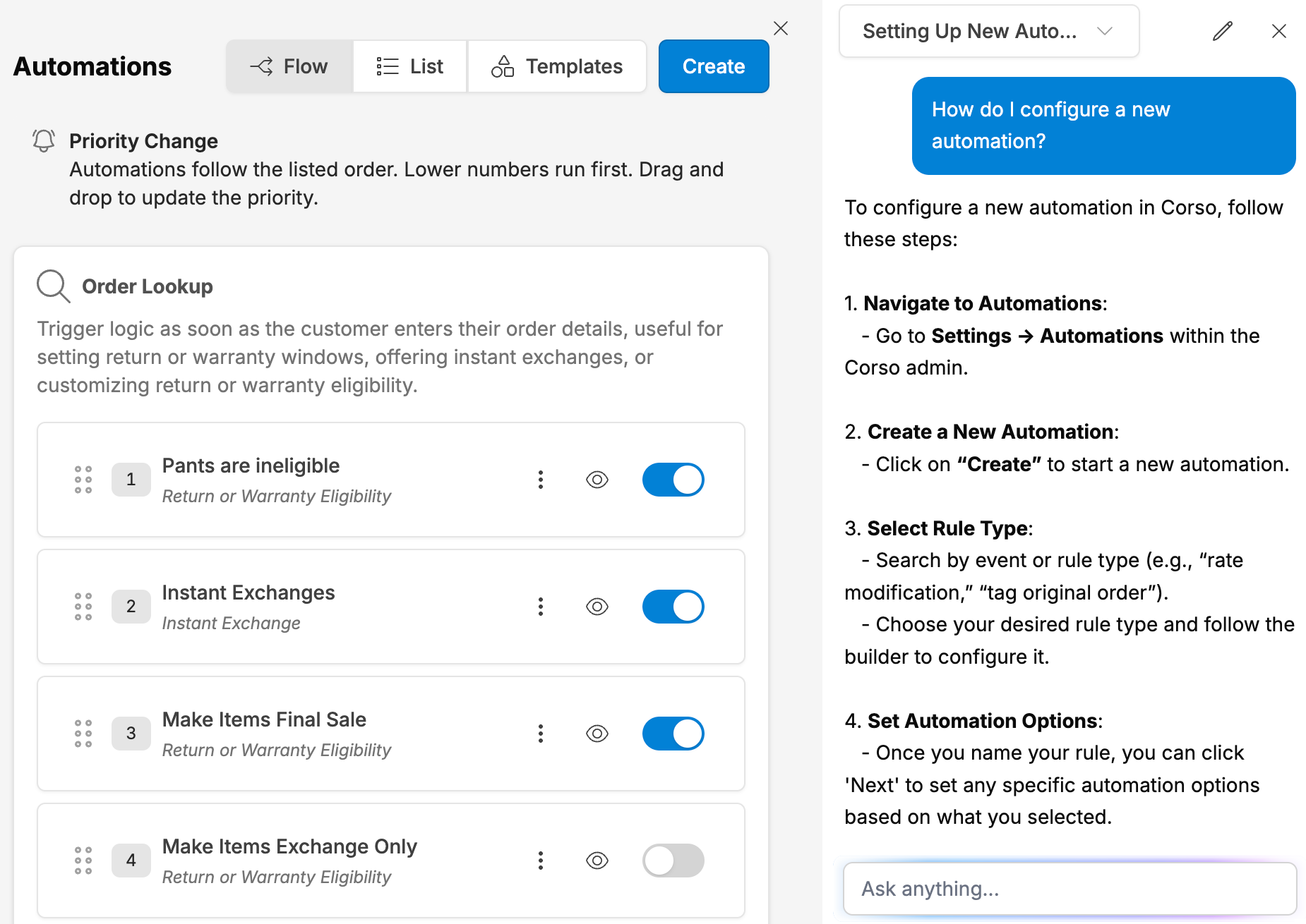 Sidekick answering how to configure a new automation, beside the Corso automations list