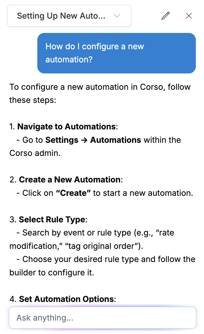Sidekick chat answering how to configure a new automation, step by step