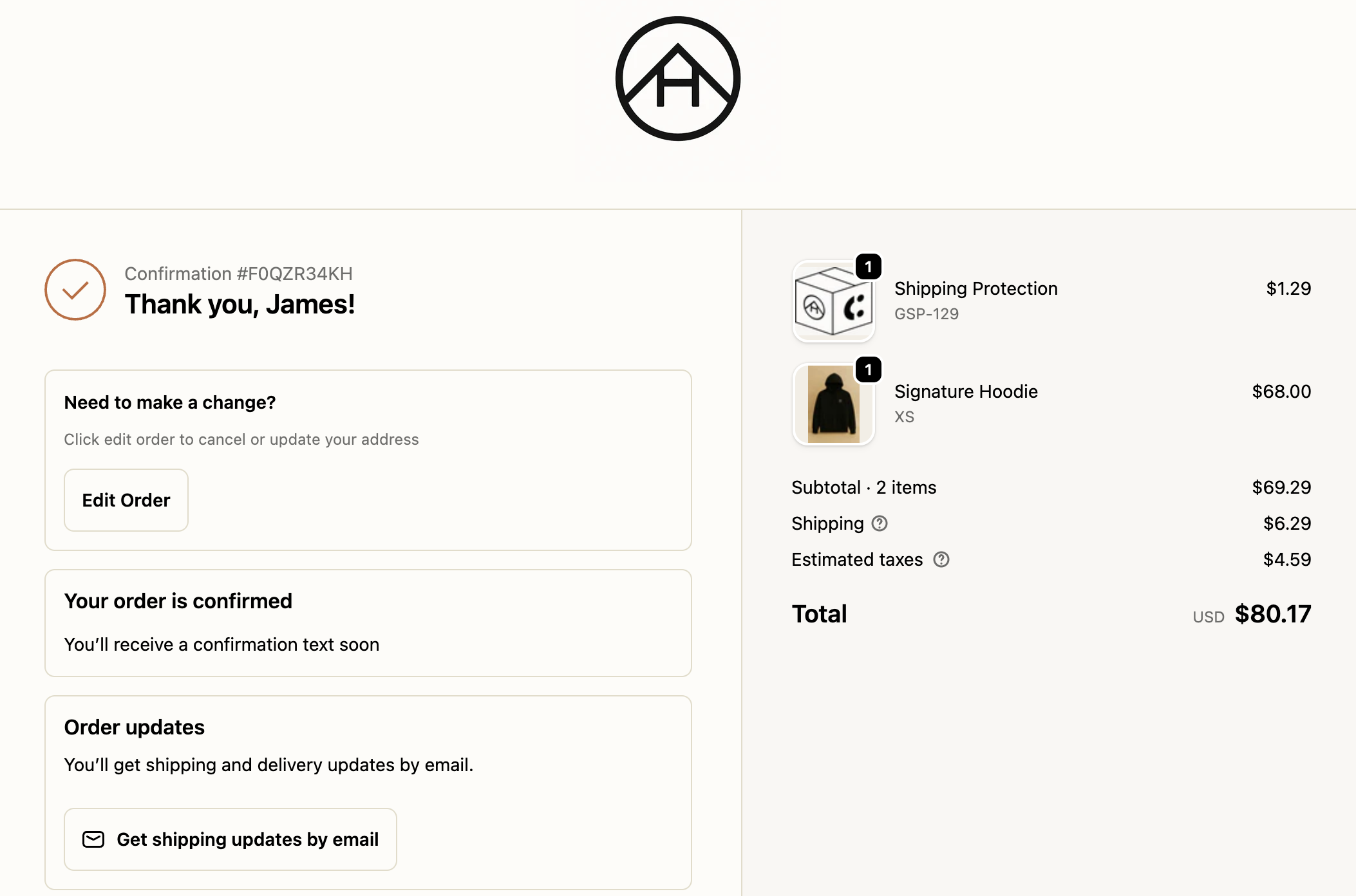 Shopify order confirmation page with Corso Edit Your Order extension
