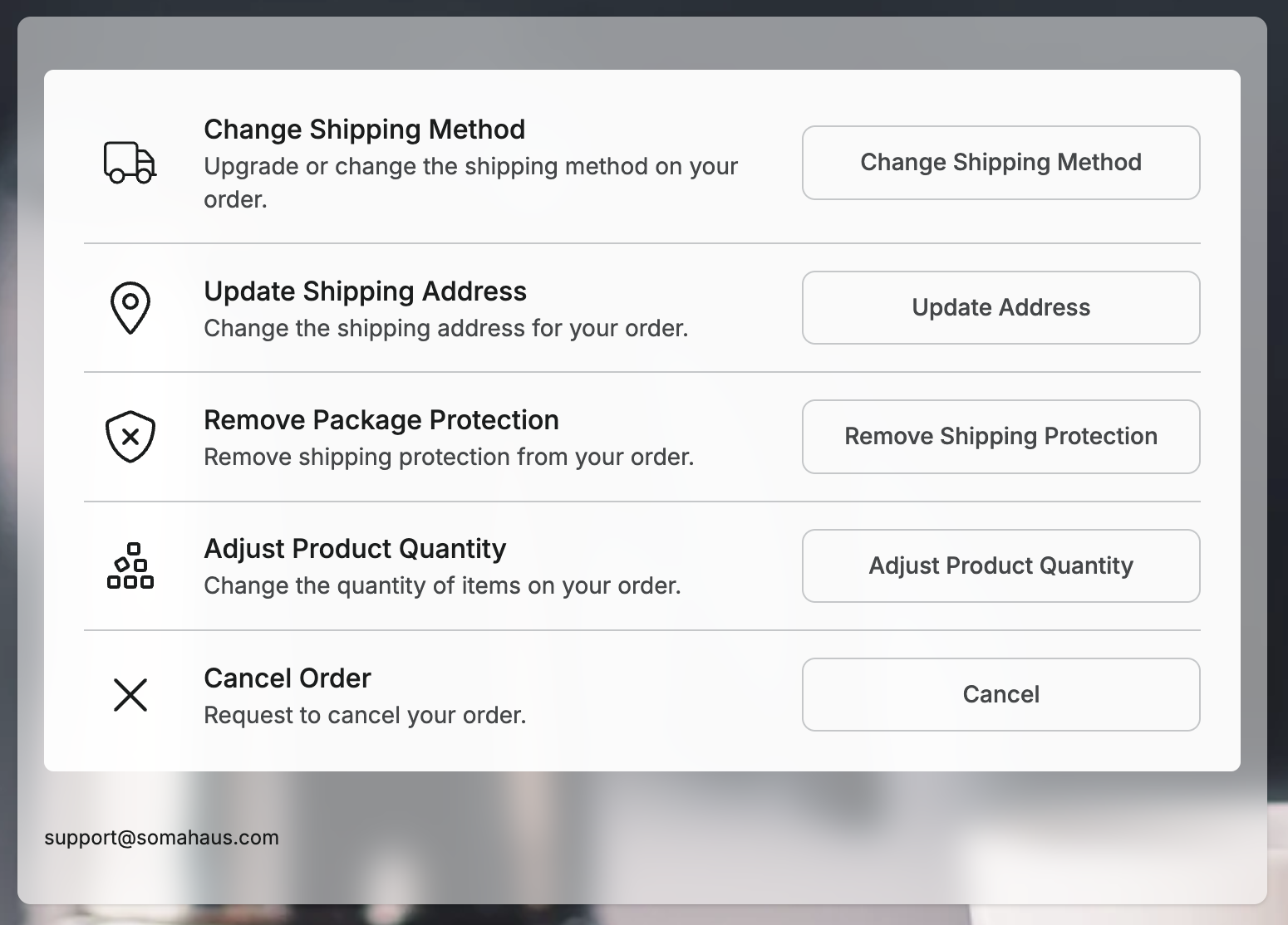 Customer order edit menu with address, shipping, quantity, discount, protection, email, and cancellation options