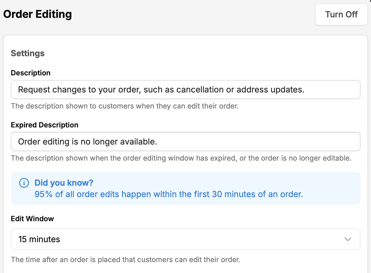 Order editing settings for edit window and fulfillment holds