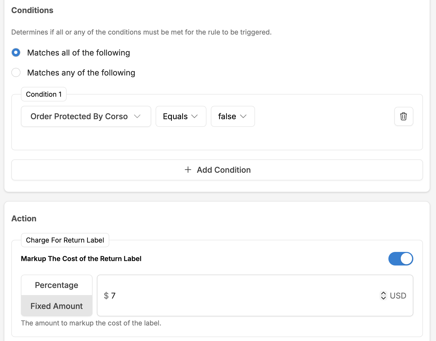 Charge Shipping for Unprotected Orders automation recipe configuration