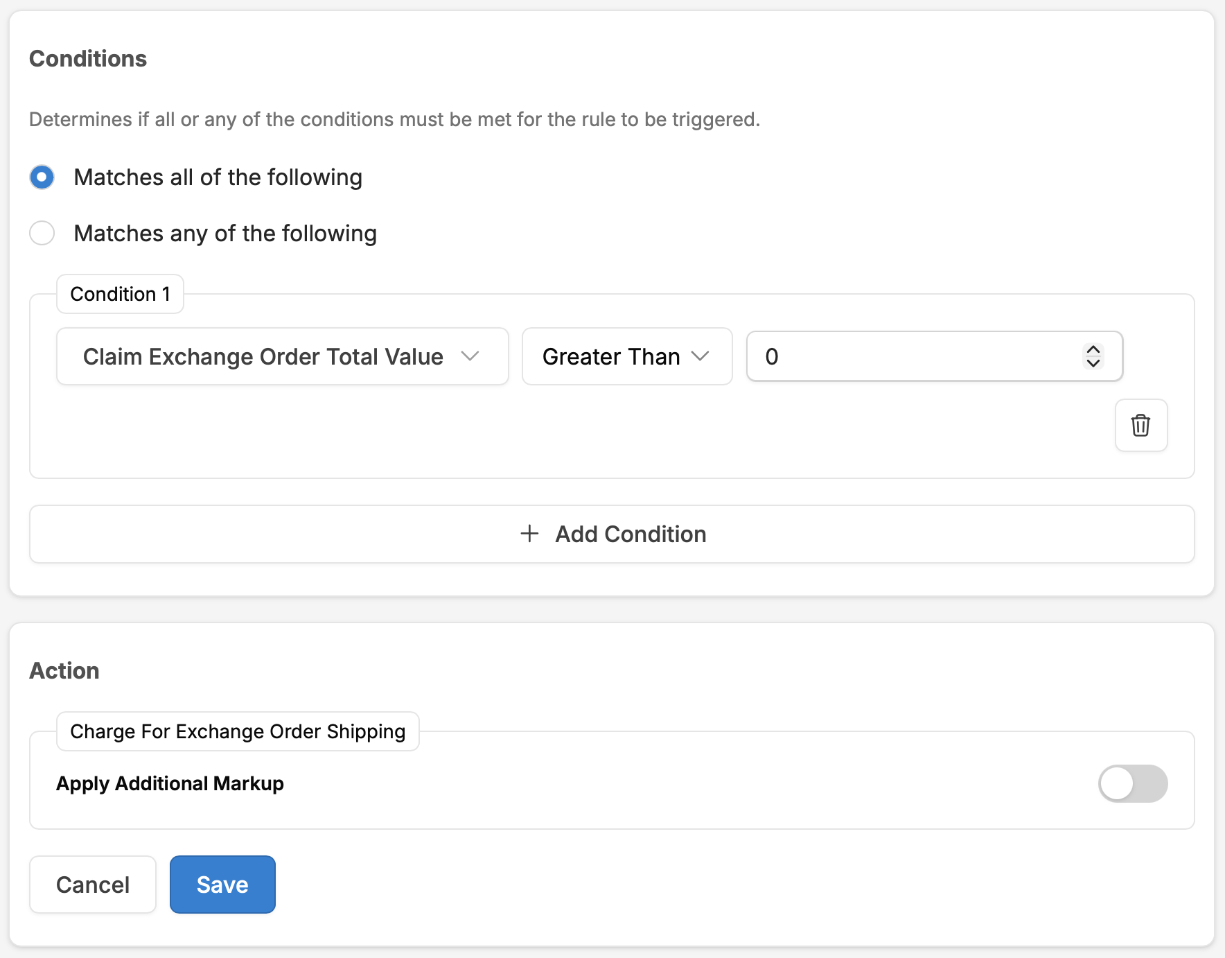 Exchange Free Shipping automation recipe configuration