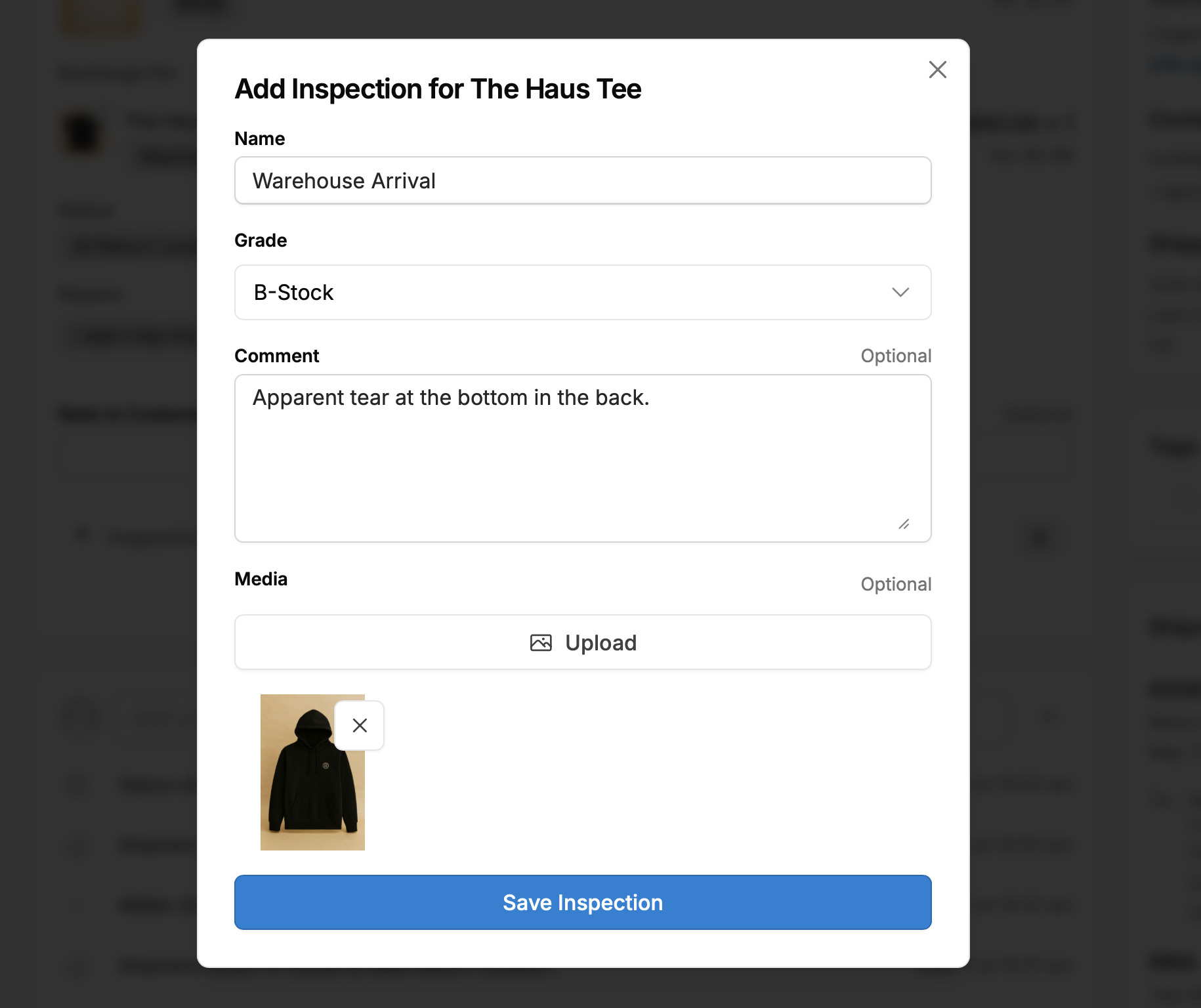 Claim inspection checklist with item condition and notes