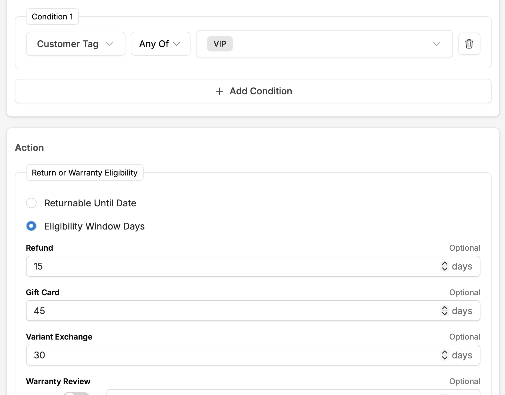 VIP Extended Return Window automation recipe configuration