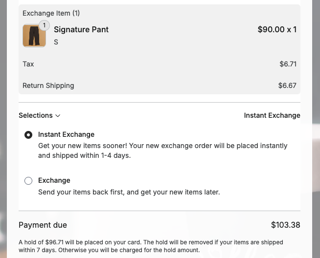 Instant Exchange claim with pre-auth status and timeline