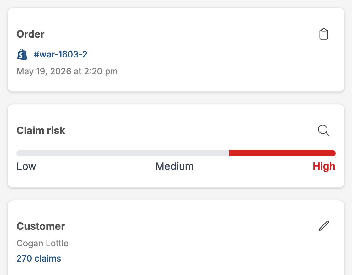 Corso admin claim risk view with customer claim history