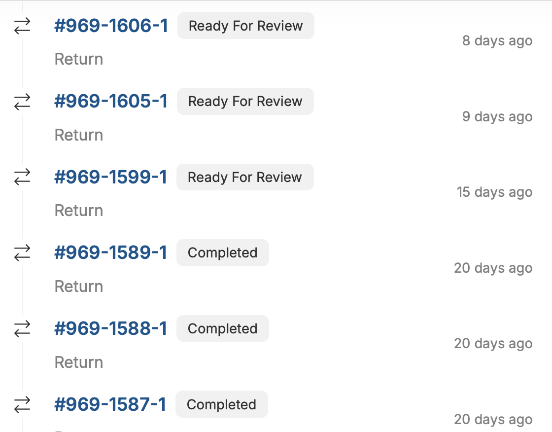 Corso admin return claims list with review and completed statuses