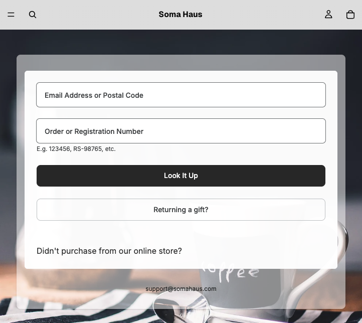 Branded customer portal with order lookup and eligible item actions