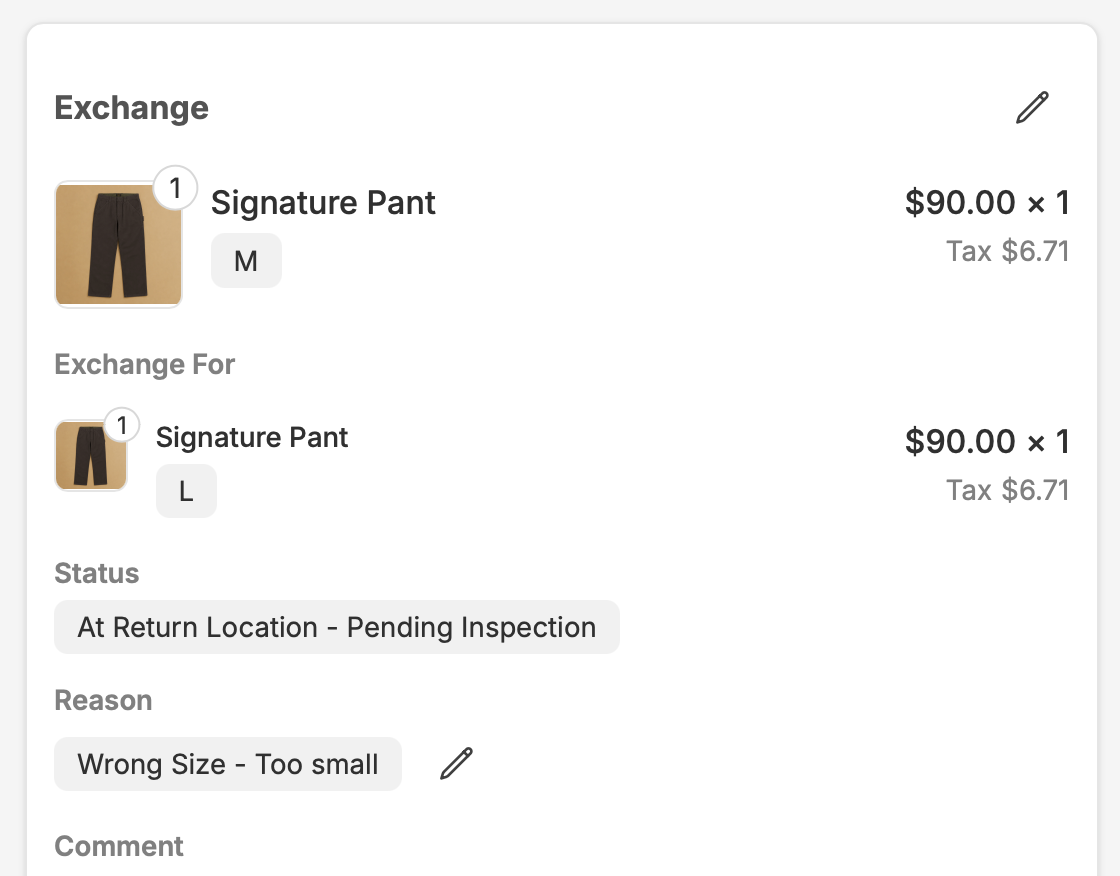 Corso admin exchange detail for a Signature Pant size exchange