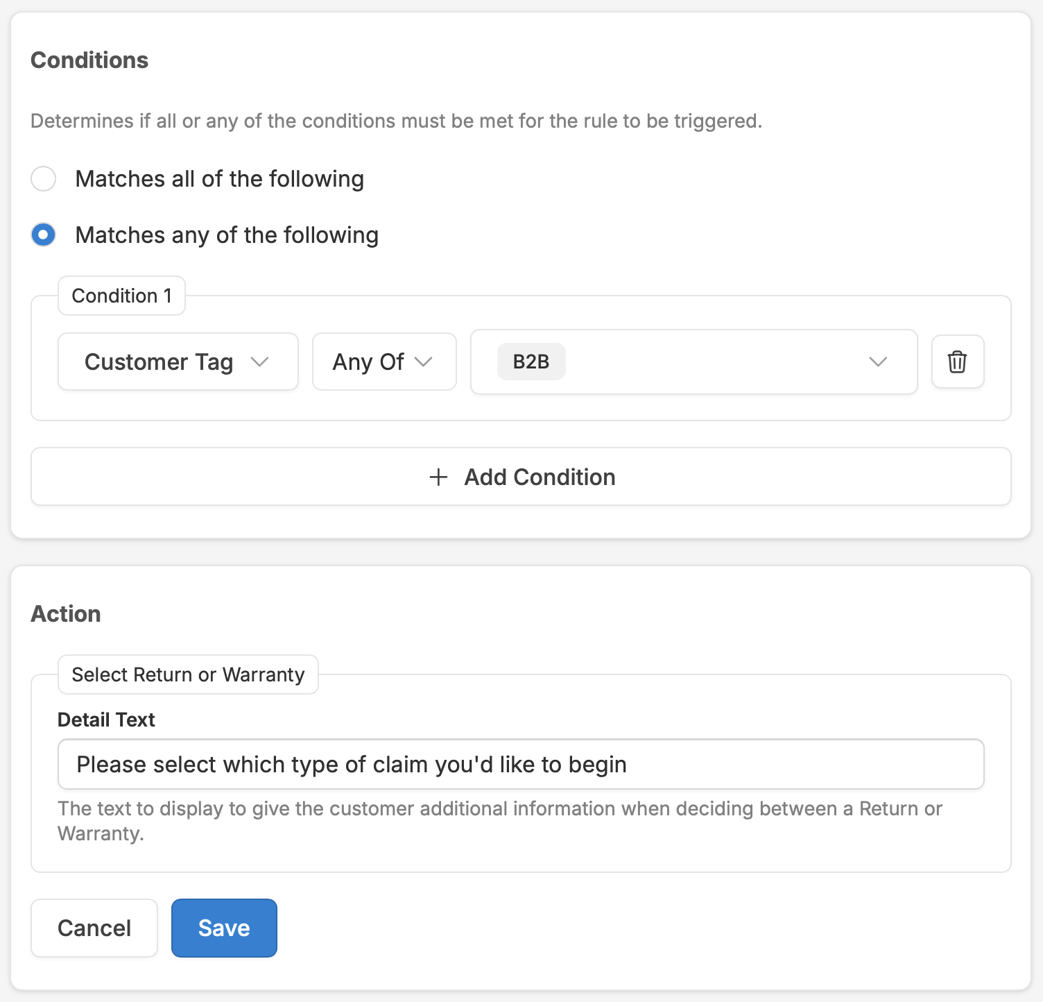 Automation rule builder with condition/action logic