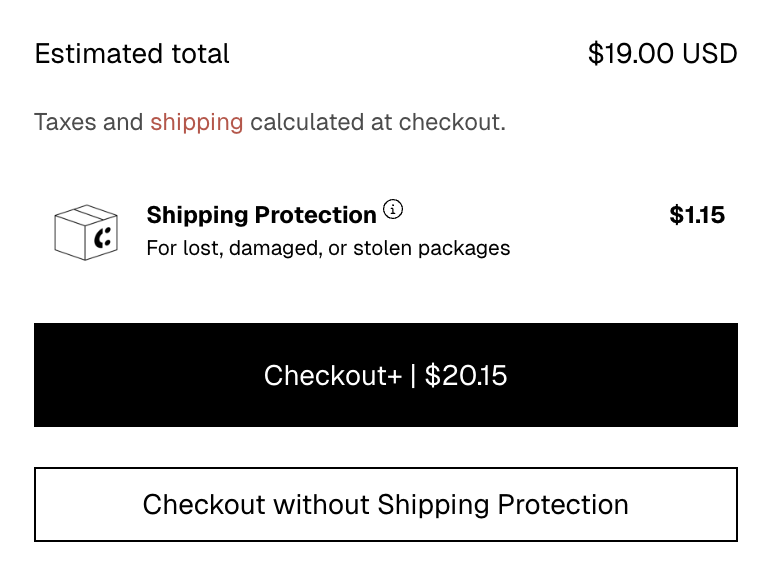 Checkout+ order summary showing Shipping Protection as a $1.15 line item, with a single-tap opt-out link below the checkout button