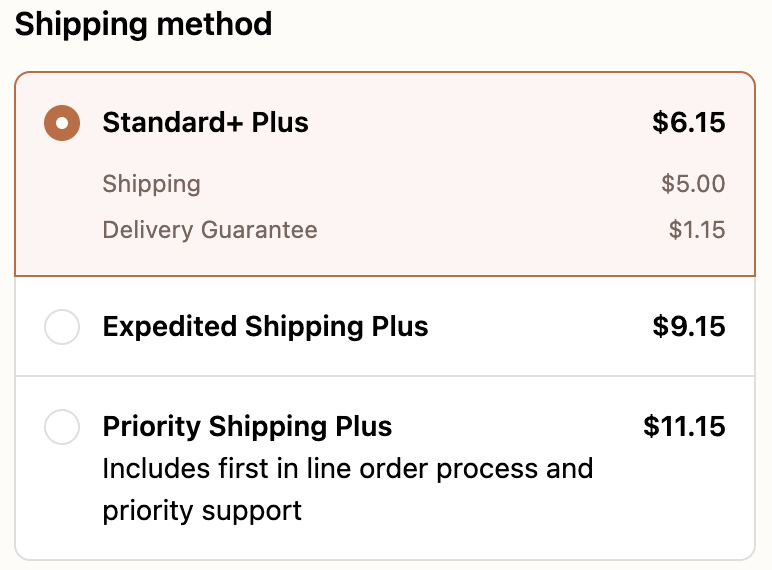 Shipping+ rate selector with Standard+ Plus selected, breaking the $6.15 rate into $5.00 shipping plus a $1.15 Delivery Guarantee