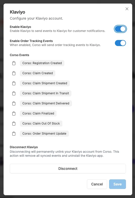 Klaviyo shipping event configuration in the Corso admin