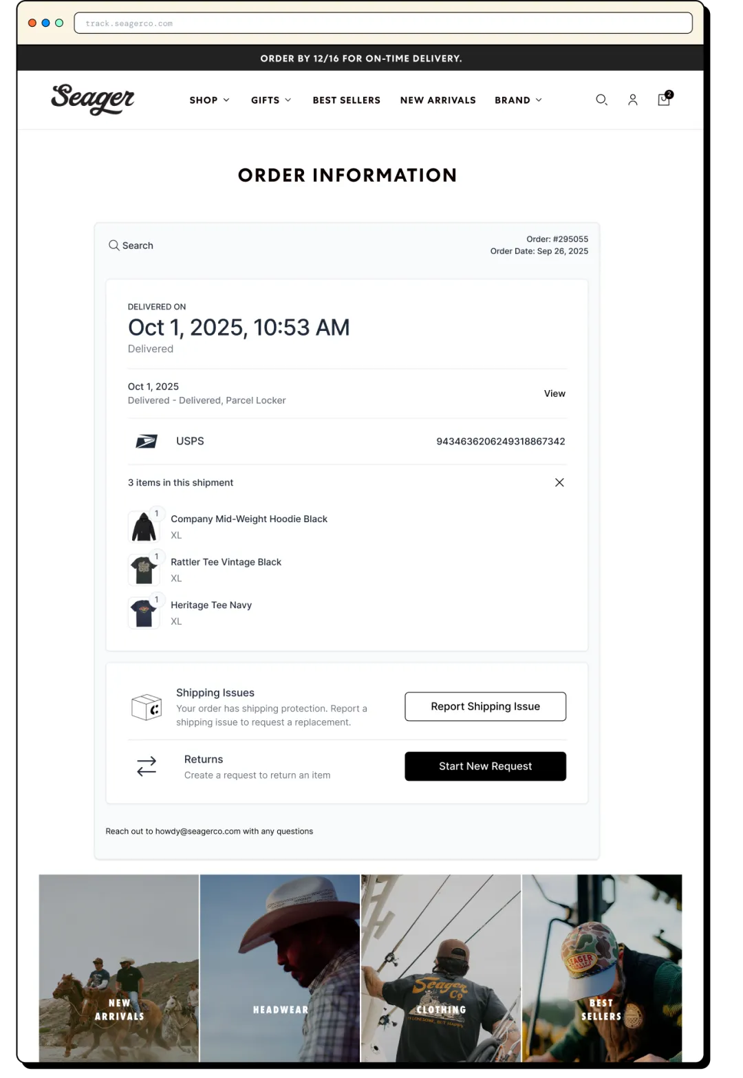 Branded order tracking page on a Shopify storefront