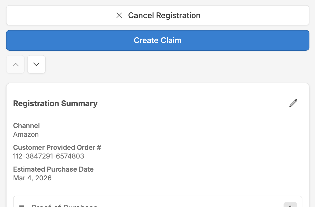 Admin registration record showing channel, order number, purchase date, and a Create Claim action