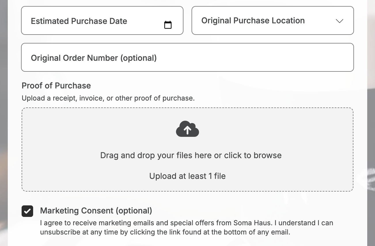 Customer registration form with purchase channel, order number, proof-of-purchase upload, and marketing consent