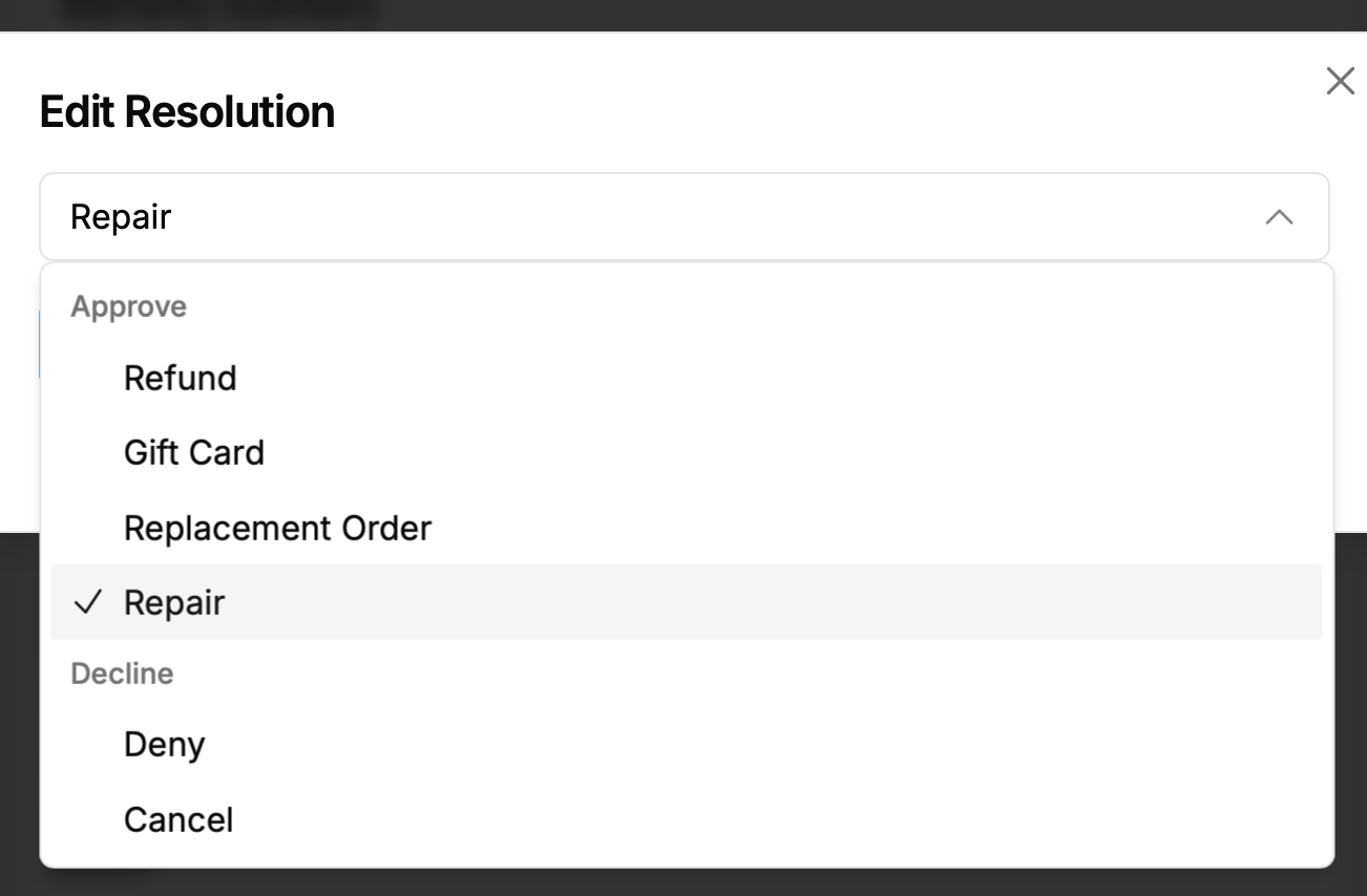 Repair resolution panel with shipment generation to a repair center