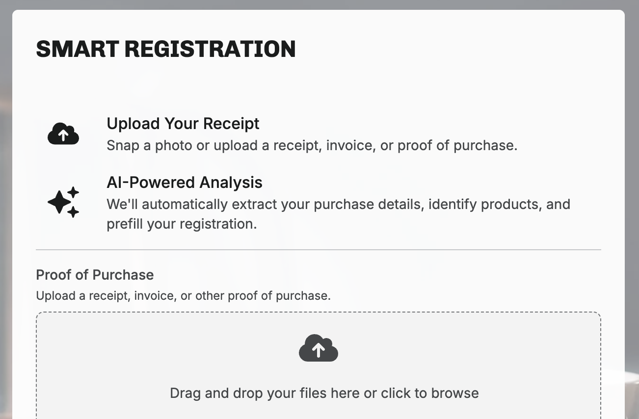 Smart Registration customer view: receipt photo upload with AI-extracted customer and product data