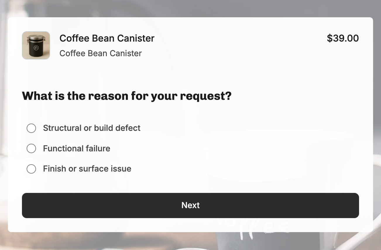 Warranty reasons configuration with reason groups and custom fields