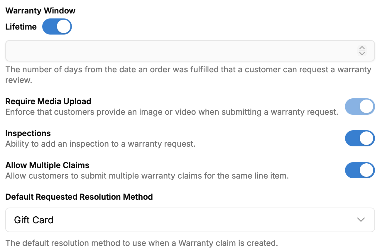 Warranty settings with window length, media requirements, and claim prefix